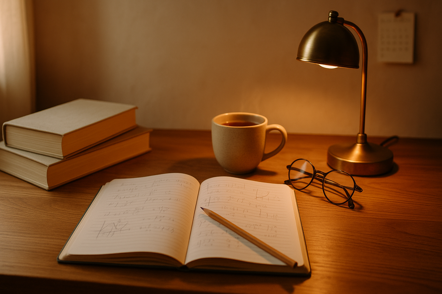 Wooden study desk with open math notebook, pencil, two textbooks, tea mug, brass lamp, reading glasses