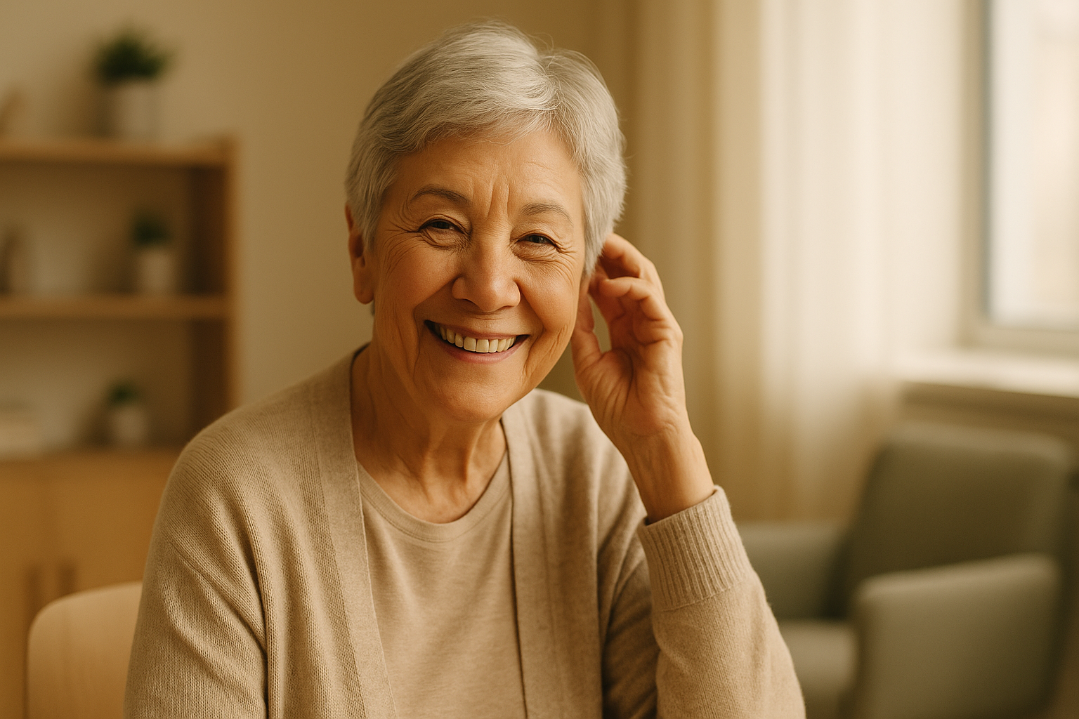 Smiling senior with silver hair in warm audiology clinic interior, hand near ear, soft natural light