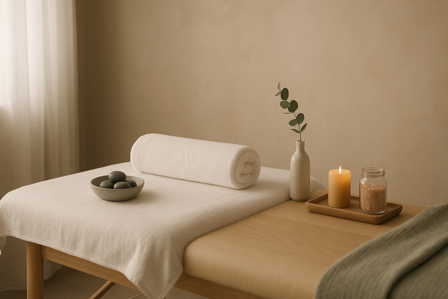 Calm day spa treatment room with wooden massage bed, white linen towel, hot stones in ceramic bowl, eucalyptus sprig, beeswax candle and Himalayan salt