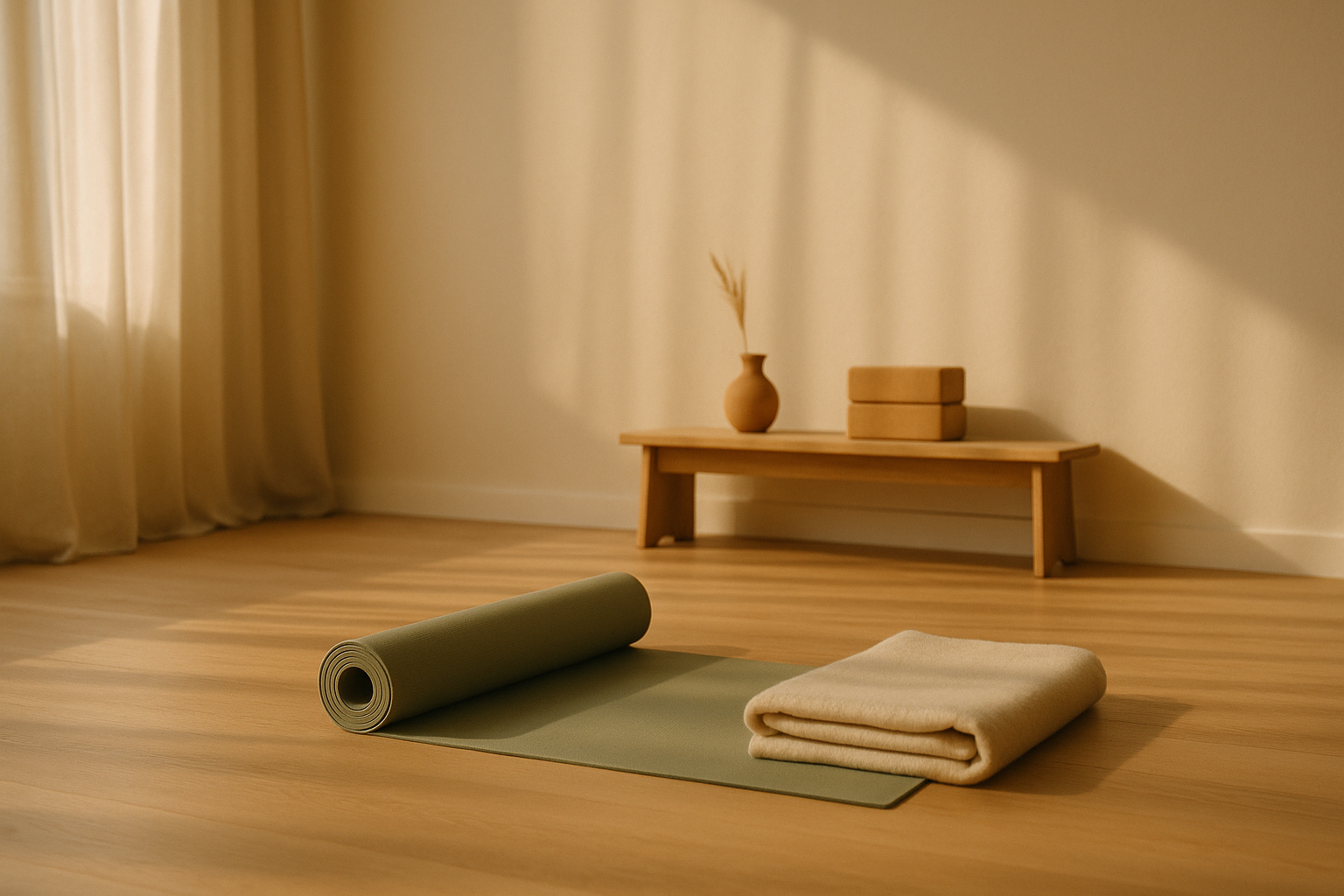 Calm yoga studio interior with sage green rolled mat on oak floor, folded blanket, bench with vase and cork blocks, warm light